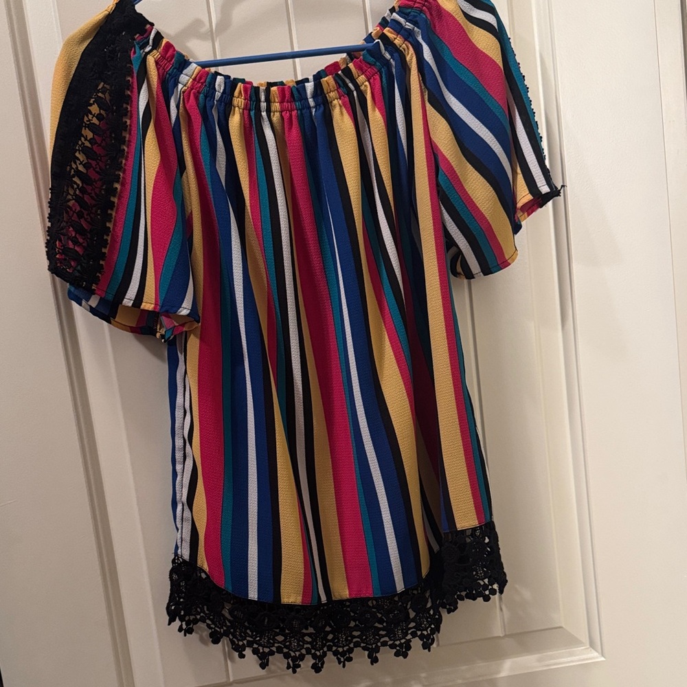 Multicolor Striped Women's Top with Lace Trim